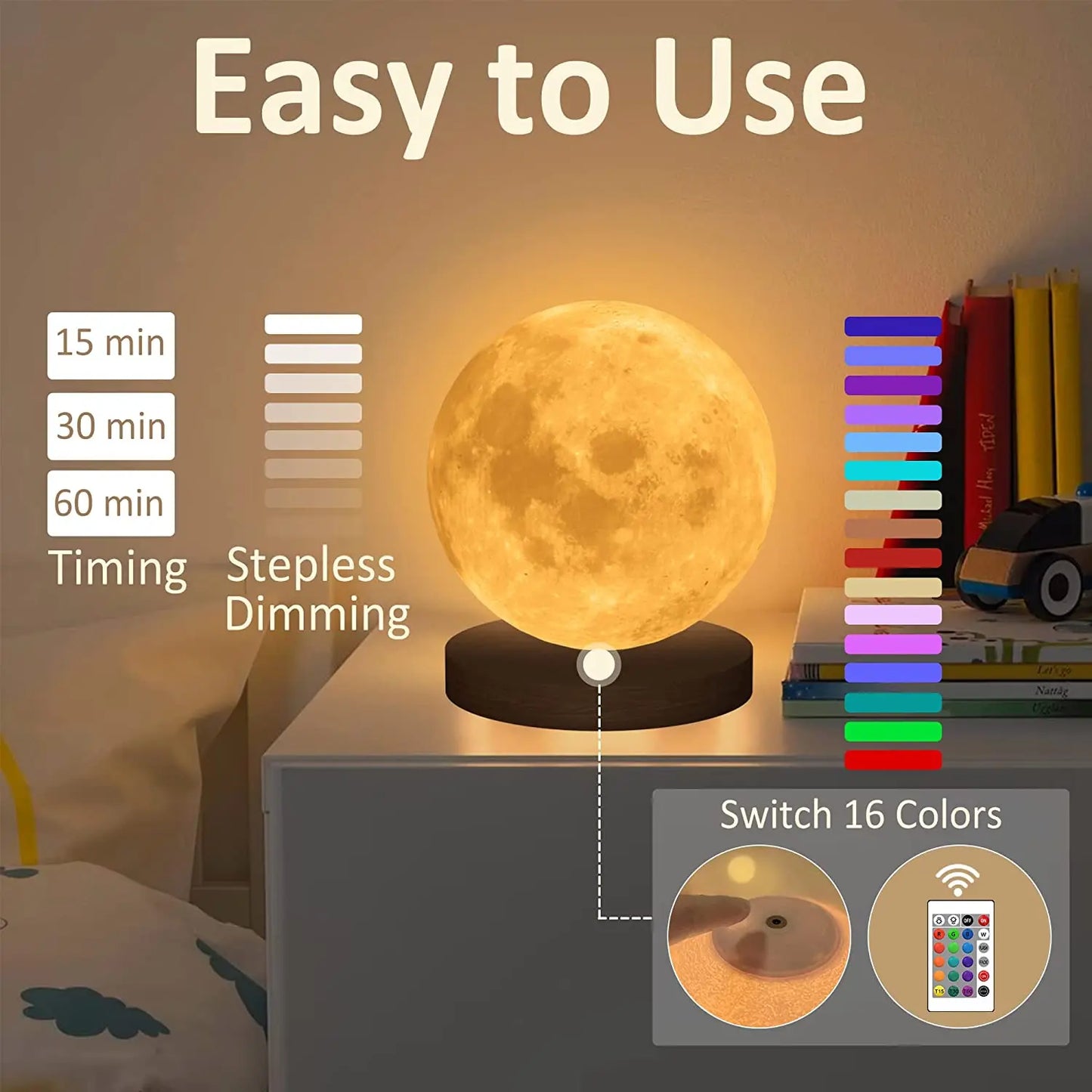 16 Colors Creative 3D Led Moon Night Lamp 360° Rotating Lunar Night